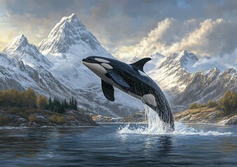 Orca jumping out of water with snow capped mountains in the background whale