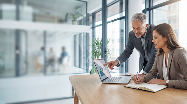 Two professional business people working together. Partners mature man and woman discussing project in office. Team leader explain trainee working process using tablet pc computer. Banner, copy space