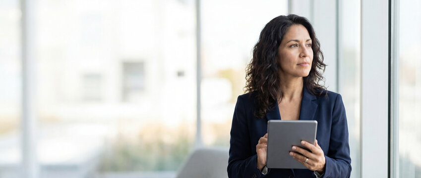 40s mature professional business leader executive woman office worker holding tablet computer isolated. Latin hispanic middle aged businesswoman thinking, dreaming looking away. Web banner, copy space