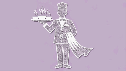 A stencil of a waiter with a tray on which dishes are steaming. A decorative element for cutting, printing, and decorating windows.