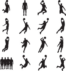 Obraz premium Collection of black silhouettes of basketball players in various poses