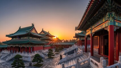 Majestic Asian architecture bathed in golden sunrise, detailed facades