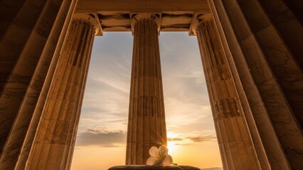 Majestic columns frame a soft sunset and a delicate flower