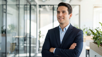 Fototapeta premium Corporate portrait of European confident student, trade manager businessman standing crossed arms in office. Young latin hispanic specialist business man employee smiling dreaming away. Copy space 