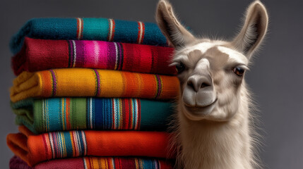 Fototapeta premium Llama posing next to a colorful stack of traditional blankets in a vibrant display
