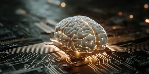Artificial Intelligence Circuit: A detailed image showcasing a glowing brain at the heart of an intricate circuit board, representing the fusion of human intellect and technological advancement. 