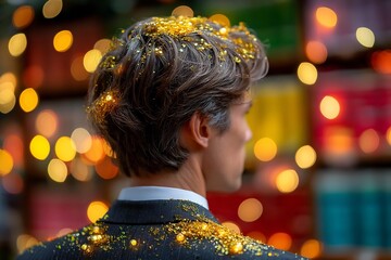 Man with Gold Glitter on Face and Suit in Festive Background