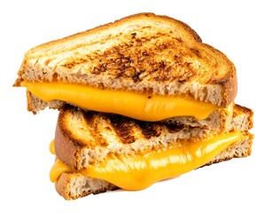 A stacked grilled cheese sandwich on toasted bread against a white backdrop