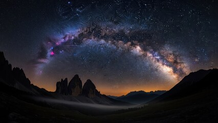 Majestic night sky over silhouetted mountains, revealing the galaxy