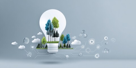 Eco-Innovation: A radiant light bulb houses a miniature forest scene, symbolizing the fusion of nature and innovation, with interconnected icons signifying sustainability and the environment.