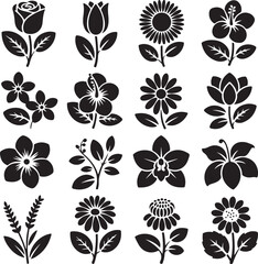 Collection of various black floral silhouettes on white background