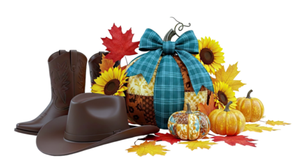 Autumn Harvest Cowboy Scene with Pumpkins, Sunflowers, and Boots