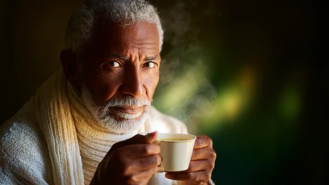 A Thoughtful Elder Enjoying a Warm Beverage in a Cozy Setting, Capturing a Moment of Reflection and Serenity with Soft Lighting and a Steam Rising from the Cup, Evoking Feelings of Peace and