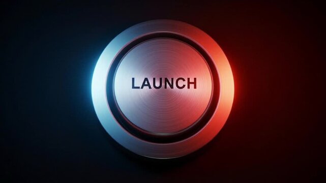 A glowing launch button emits light on a dark background
