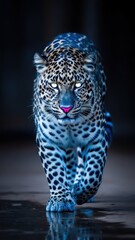 Majestic spotted feline strides forward, illuminated with glowing eyes