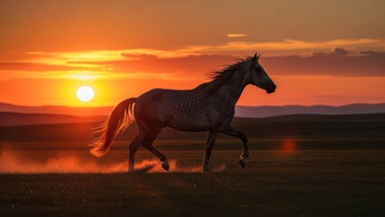 Majestic steed galloping across field bathed in warm sunset hues
