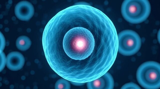 3D Illustration of Biological Cell Division with Glowing Nucleus and Blue Membrane Background