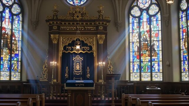 Stained Glass Windows Illuminating Jewish Synagogue Interior With Torah Ark And Prayer Table Ai HD video.