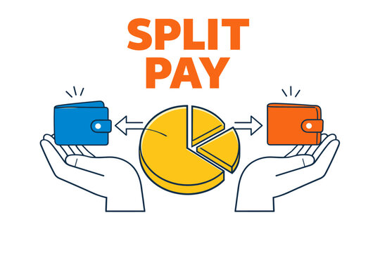 Split pay concept: simplified payment sharing with wallets and pie chart illustration