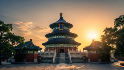 Majestic, multi-tiered structure bathed in warm light at sunset