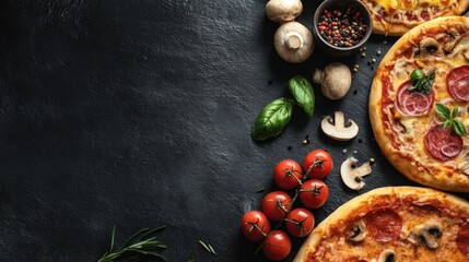 Pizza with pepperoni and mushrooms sits on a table with a variety of vegetables, including tomatoes and basil