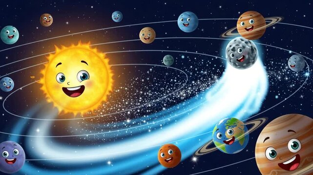 Colorful animated planets orbiting smiling sun in outer space with stars and galaxies Ai HD video.
