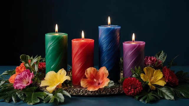 Cinematic video of four vibrant jewel-toned pillar candles burning among tropical flowers and leaves.