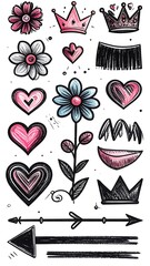 Whimsical doodle of floral, hearts, crowns, arrow, and lips. Playful sketched vector art in pink, blue, black & white