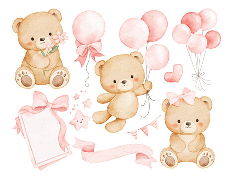 Watercolor Illustration Set Of Baby Bears with Balloons and Baby Shower Elements