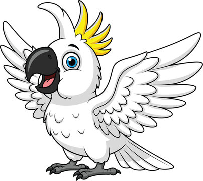 Cute white cockatoo cartoon character with spread wings vector illustration for kids mascot and playful designs