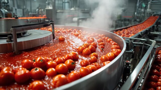 Ripe tomatoes being washed and cooked industrial food processing conveyor with stainless steel machinery, steaming red sauce and vibrant tomato wash busy canning factory conveyor transporting washed