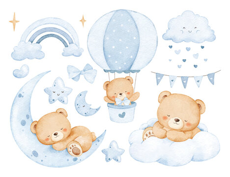 Watercolor Illustration Set Of Baby Bears with Nursery Elements
