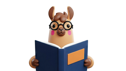 Cute Cartoon Llama Reading a Book Wearing Glasses