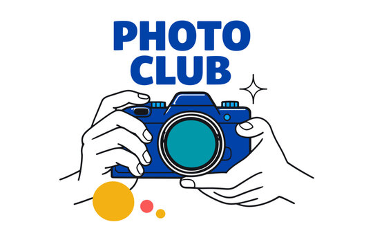 Photography club logo with blue camera and minimalist design elements - Powered by Adobe