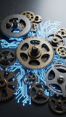 Metallic gears overlaying a glowing blue circuit board