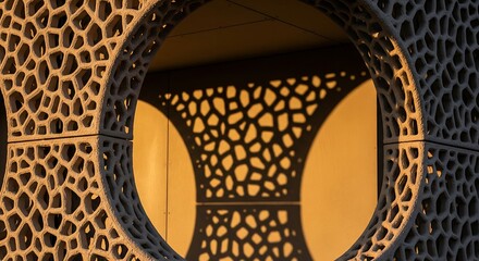 3D-printed architectural concrete panel with organic voronoi pattern casting a geometric shadow on a flat interior wall in warm sunset lighting