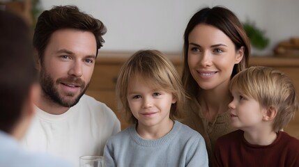 Fototapeta premium A happy family parents and two young sons smiling and talking together at a table
