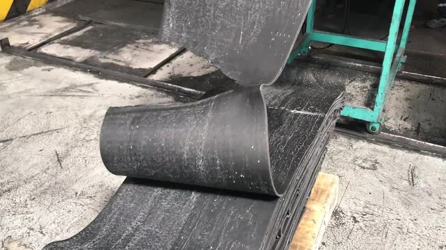 Rubber plates stacked on a pallet at a rubber factory.