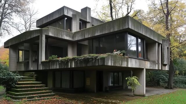 Brutalist architecture house with geometric design in a forest setting.