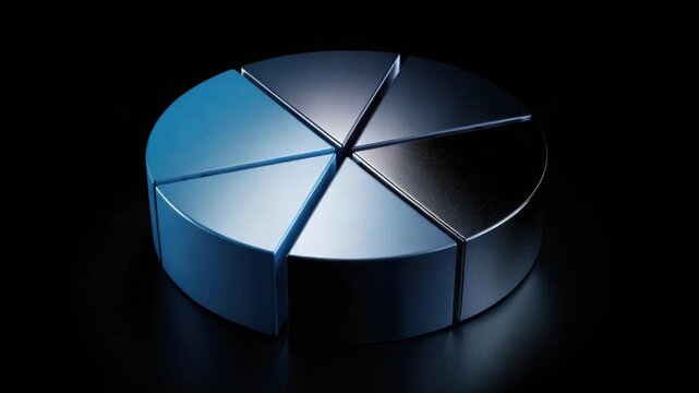 Metallic pie chart with six polished segments and eight segment slice dark reflective surface, circular metal segment infographic for data visualization and analytics, polished reflective pie chart