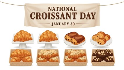 Variety of croissants on display for national croissant day celebration with banner