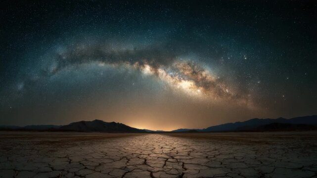 Dramatic Milky Way arch stretches over cracked dry desert plain night with distant mountain silhouette and horizon glow, cracked earth and dry plain starry night sky, galaxy astrophotography evoking