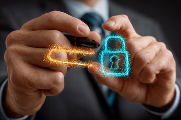 Businessman Unlocking Blue Padlock with Key