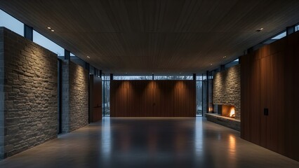 石壁と木天井を備えた広い公共施設の室内