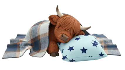 Highland Cow Sleeping Peacefully Under a Cozy Blanket and Pillow