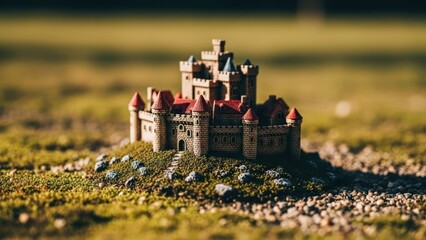 Miniature castle on a grassy knoll, golden hour, blurred background