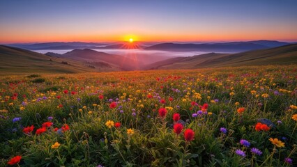 Meadow of vibrant wildflowers under a sunrise with rolling hills