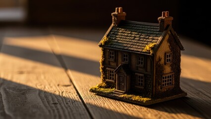 Miniature cottage model bathed in warm sunlight on a wooden surface