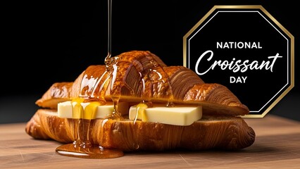 A croissant with butter and syrup on a wooden table with a national croissant day sign