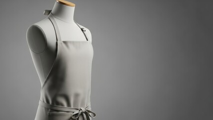Neutral-toned chef apron draped on tailor's mannequin with adjustable neck and waist ties against subtle gray background